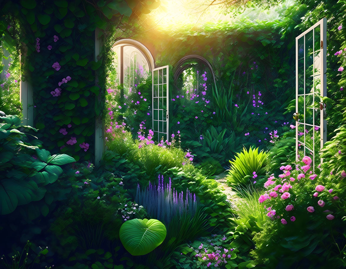 Tranquil garden scene with lush greenery, purple flowers, sunlight, and French windows