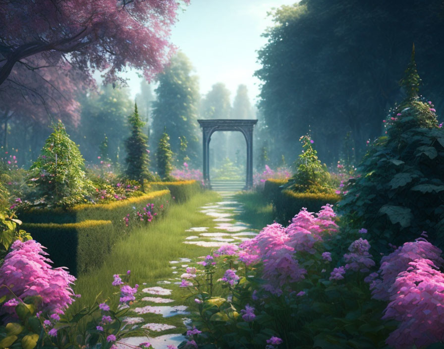 Tranquil garden path with pink flowers and metal archway