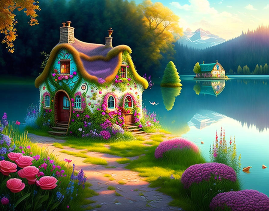 Colorful cottage with whimsical roof by serene lake in fairytale landscape