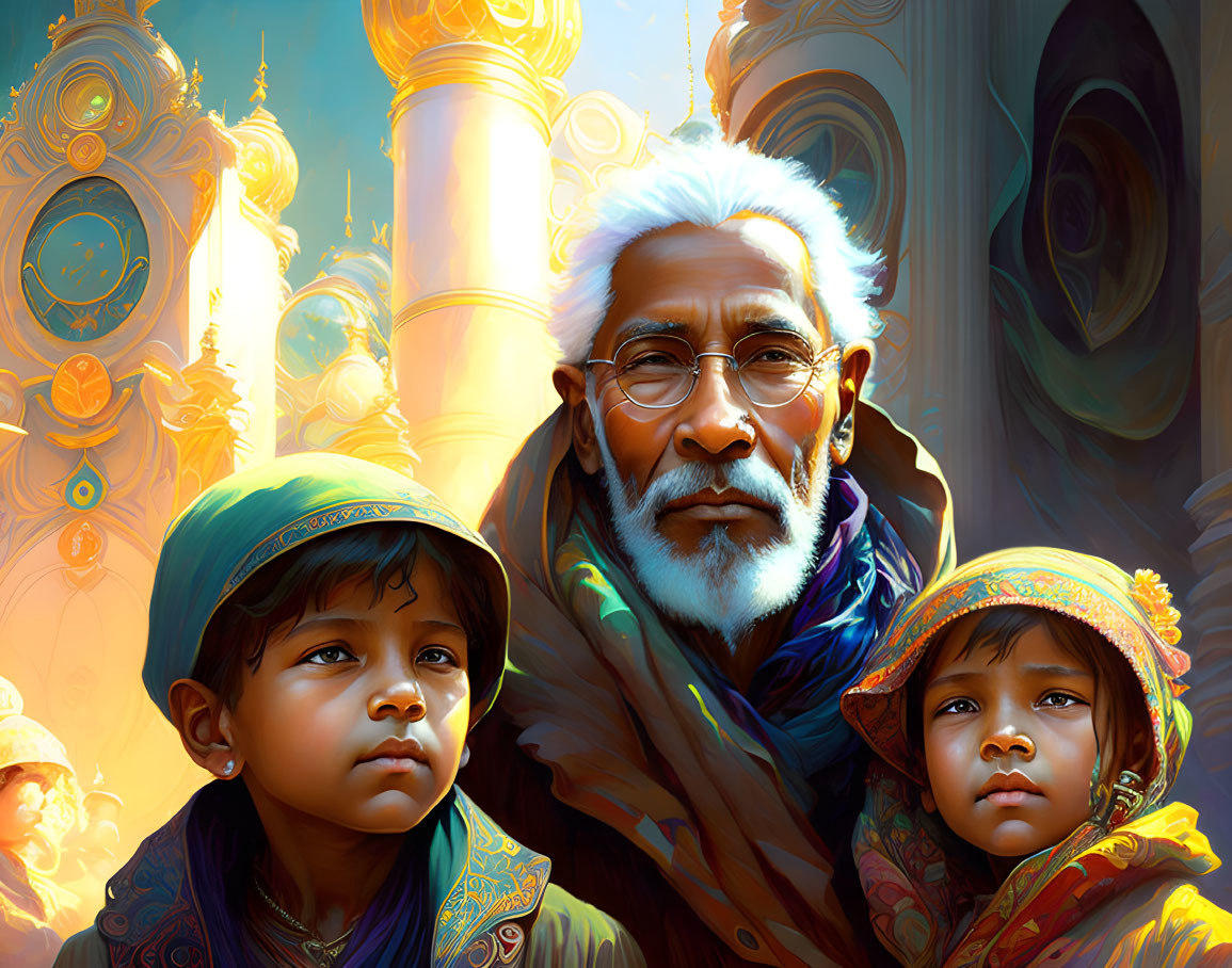 Elderly man with white beard and glasses with two children in colorful headscarves against ornate