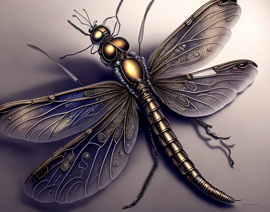 Detailed steampunk dragonfly illustration with mechanical and organic fusion