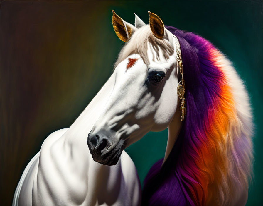 White Horse with Rainbow Mane and Gold Chain on Green and Black Background