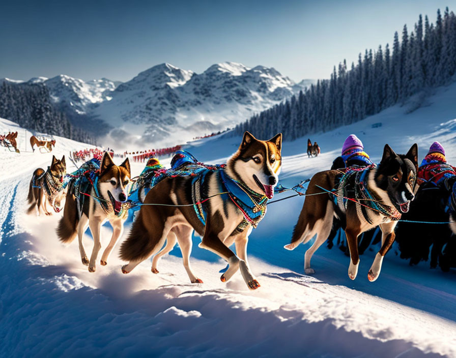 Colorful Husky Team Pulling Sled in Snowy Landscape