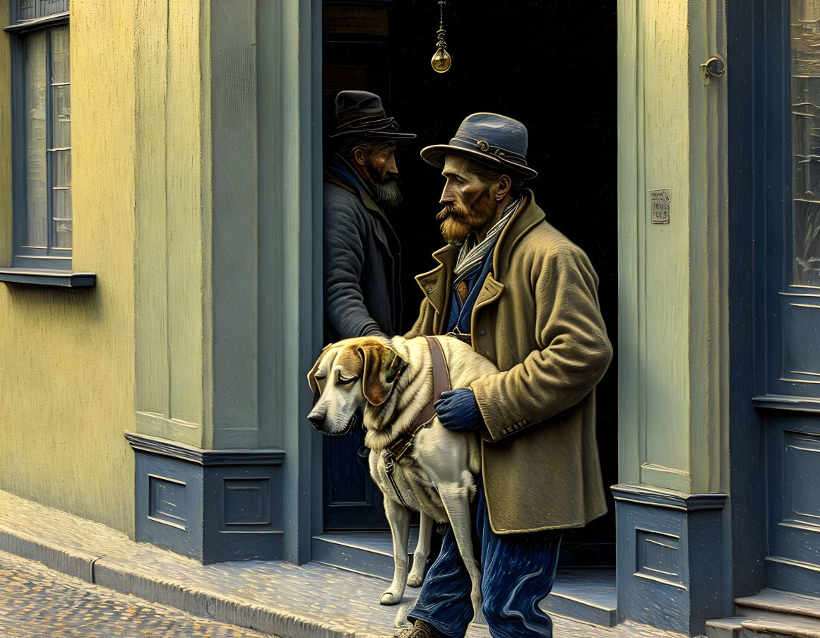 Man in coat and hat with dog by doorway, reflected in window on quaint street