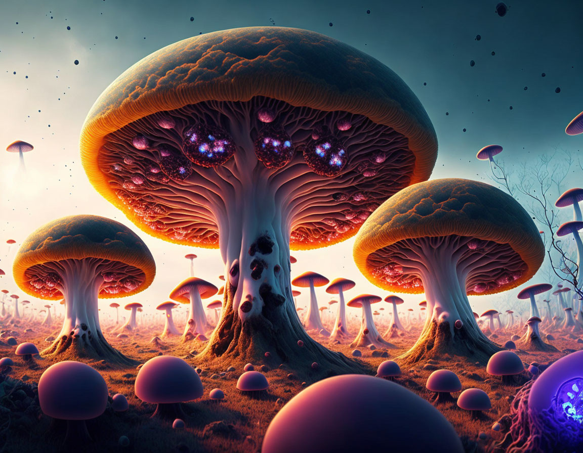 Surreal landscape with oversized mushrooms under an orange sky