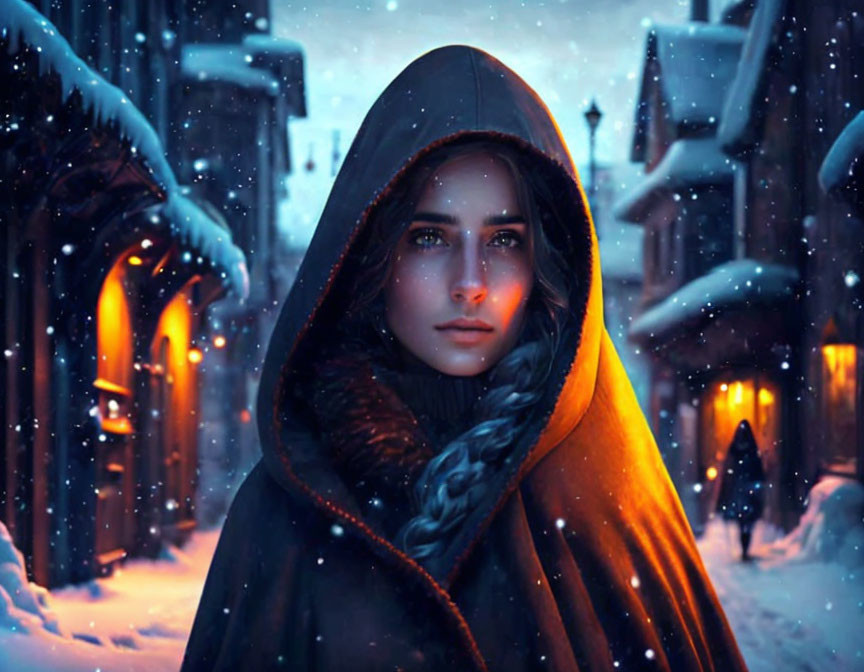 Person in Red Hooded Cloak in Snowy Twilight Scene