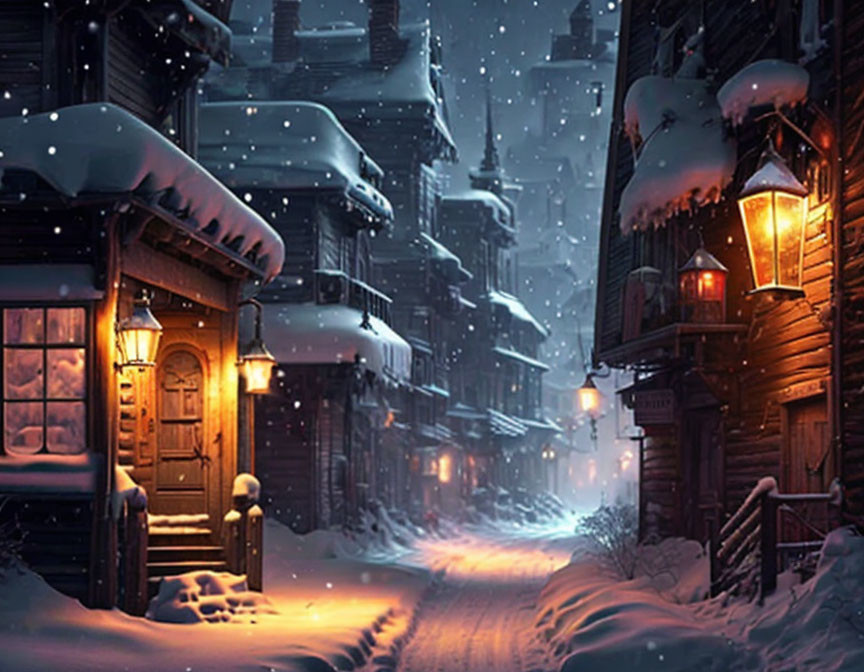 Snowy evening street scene with glowing windows, streetlamp, snow-covered rooftops, and gentle snow