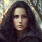 Portrait of Woman with Dark Hair and Green Eyes in Snowy Winter Setting