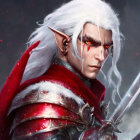 Male Elf Digital Art: White Hair, Red Armor, Sword