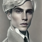 Young man with prominent cheekbones and wavy blond hair in monochromatic portrait