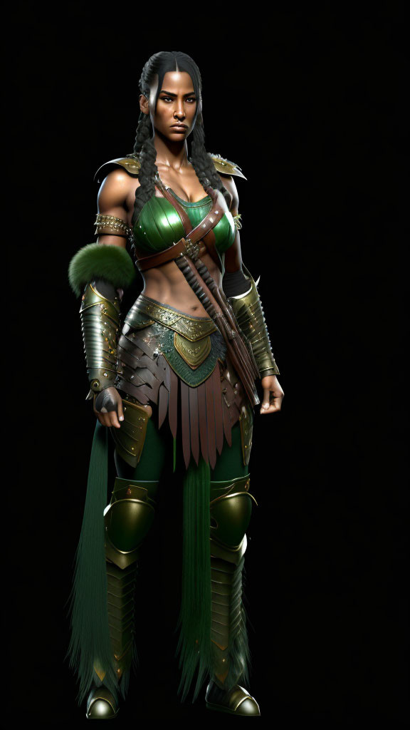 Female warrior digital artwork with braided hair in green and bronze armor.