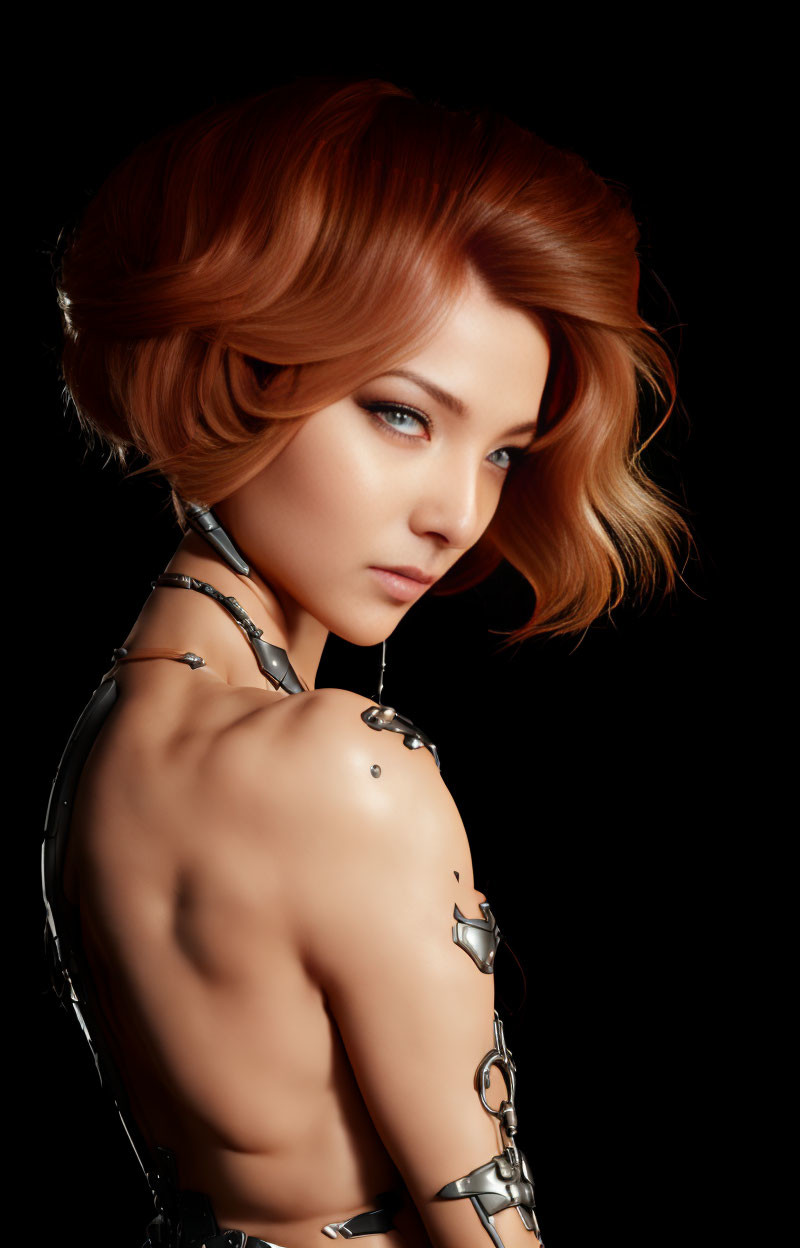 Woman with Short Red Hair and Blue Eyes in Chain-Like Shoulder Armor against Black Background