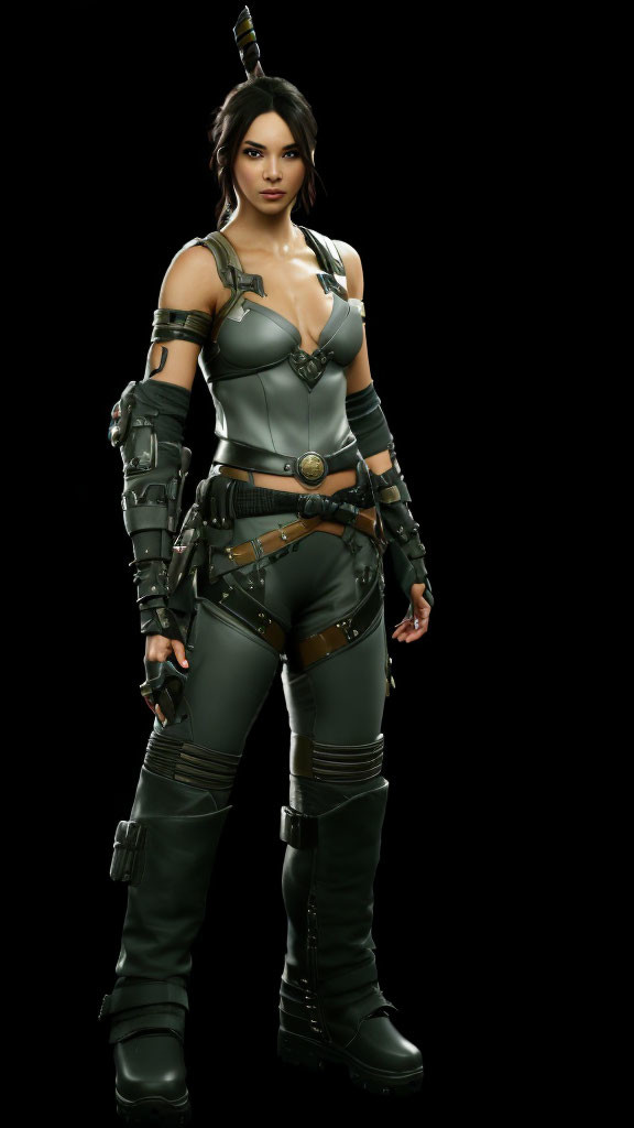 Female character in green and brown combat outfit with arm guards and utility belts against black background