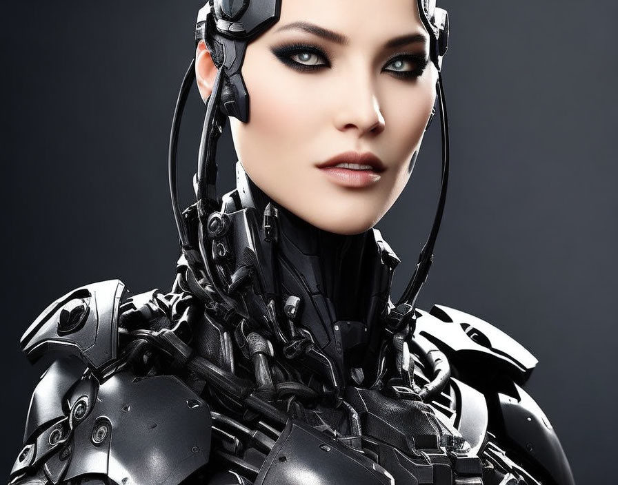 Female humanoid robot with futuristic headgear and mechanical details on dark background