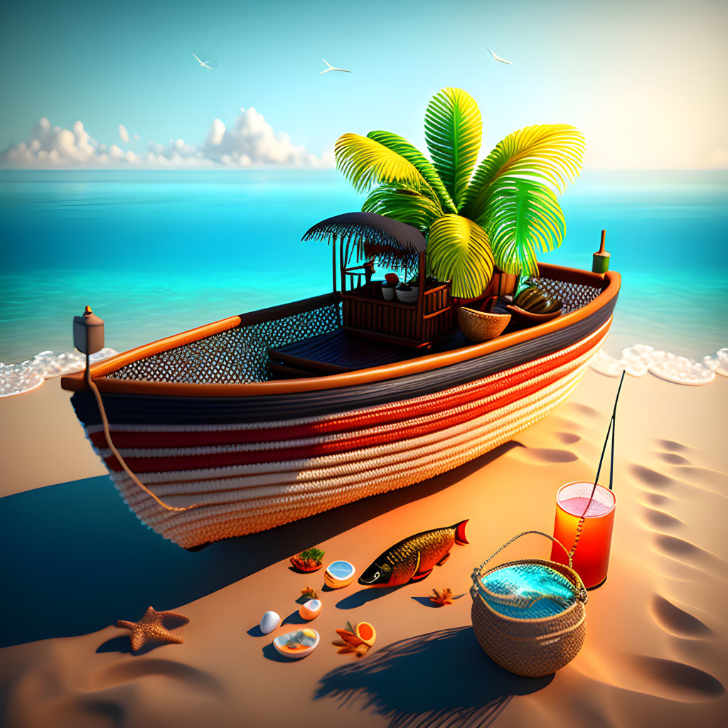 Colorful Fishing Boat on Tranquil Beach with Tropical Drink and Seashells at Sunset