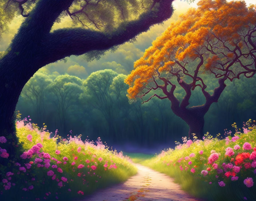 Vibrant path lined with pink and red flowers in dreamy forest