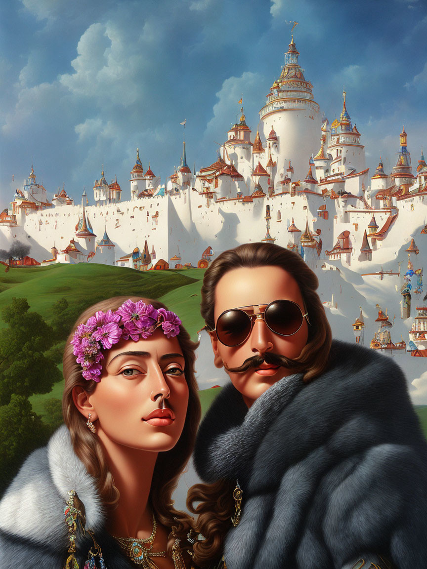 Vintage regal couple in fantasy castle backdrop with woman in purple flowers and man in fur coat