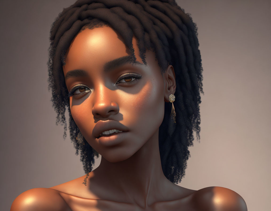 Digital 3D portrait: Woman with dreadlocks, glowing skin, gold earrings