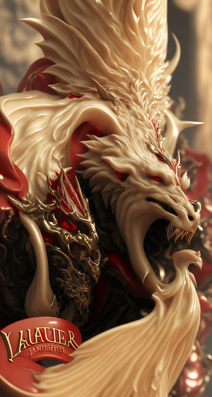 Detailed White and Red Oriental Dragon Artwork on Warm Background