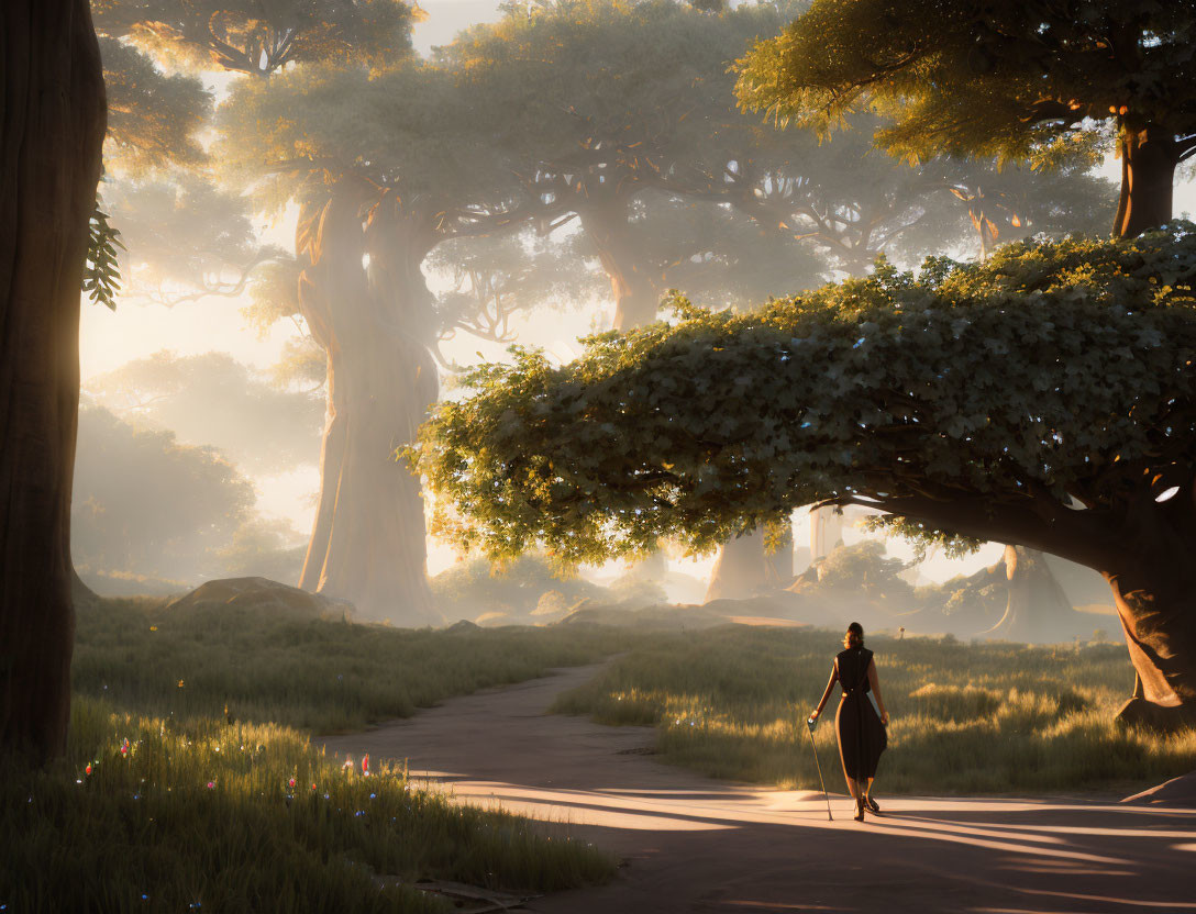 Person Walking Through Ethereal Forest with Towering Trees and Sunlight Rays