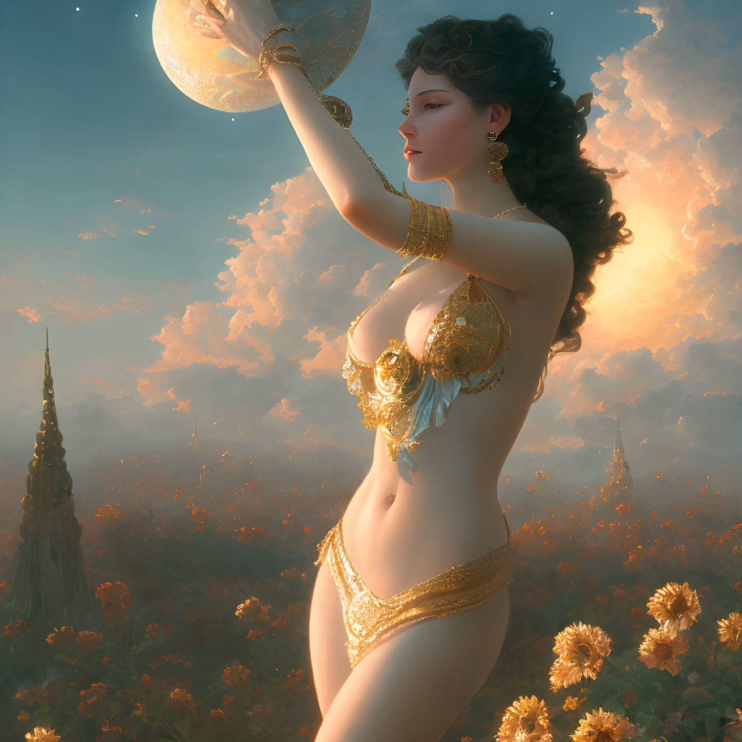 Fantastical illustration of woman with crescent moon in golden attire amid sunflowers and mystical tower