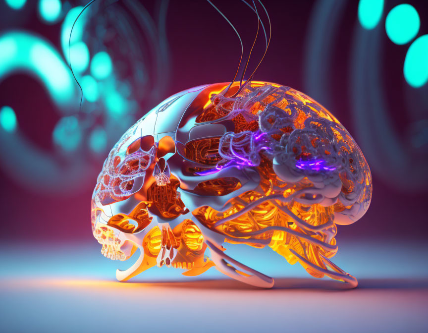 Transparent Human Skull with Glowing Brain Structure in Futuristic Setting