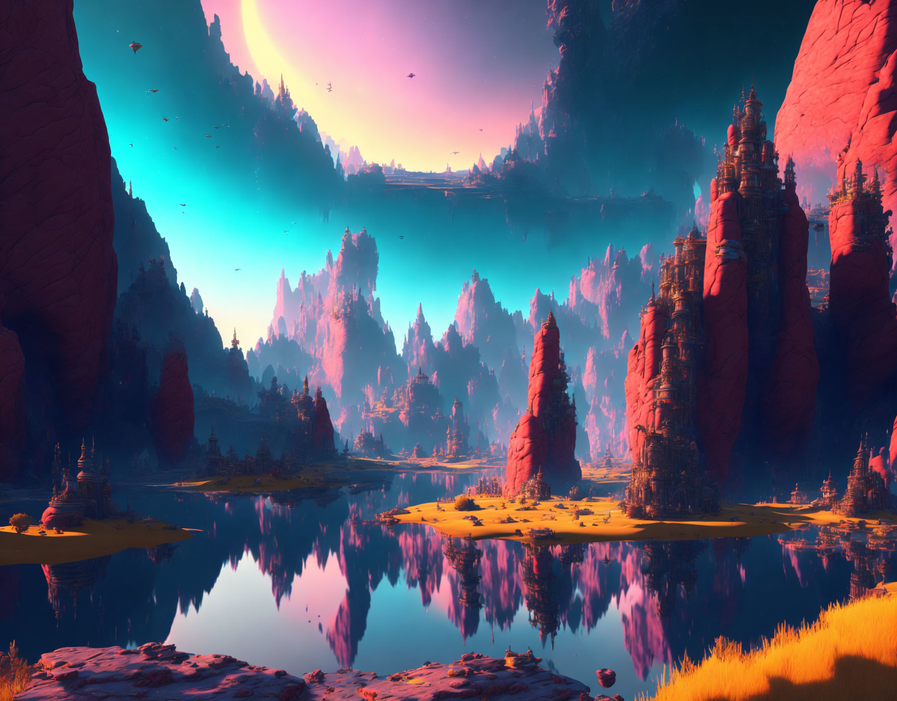 Vibrant sky, red rock formations, water body, greenery in surreal landscape