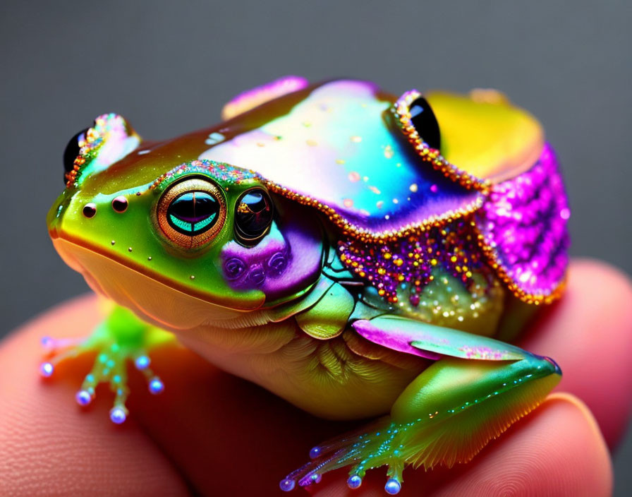 Colorful Hyper-Realistic Frog Illustration on Finger