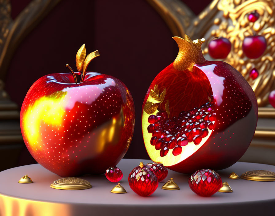 Red apple and cut pomegranate with seeds on golden surface with coins and gems.