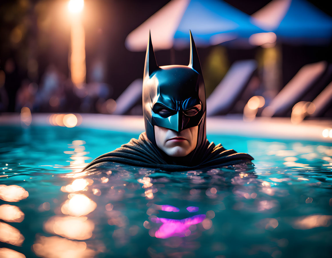 Person in Batman mask and cape swimming in illuminated night pool