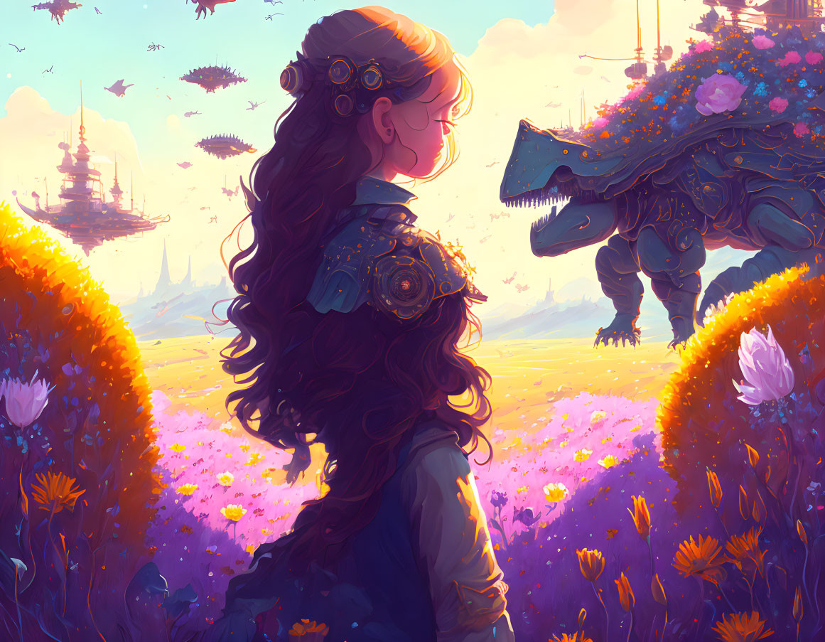 Braided hair woman with mechanical dragon in fantasy landscape