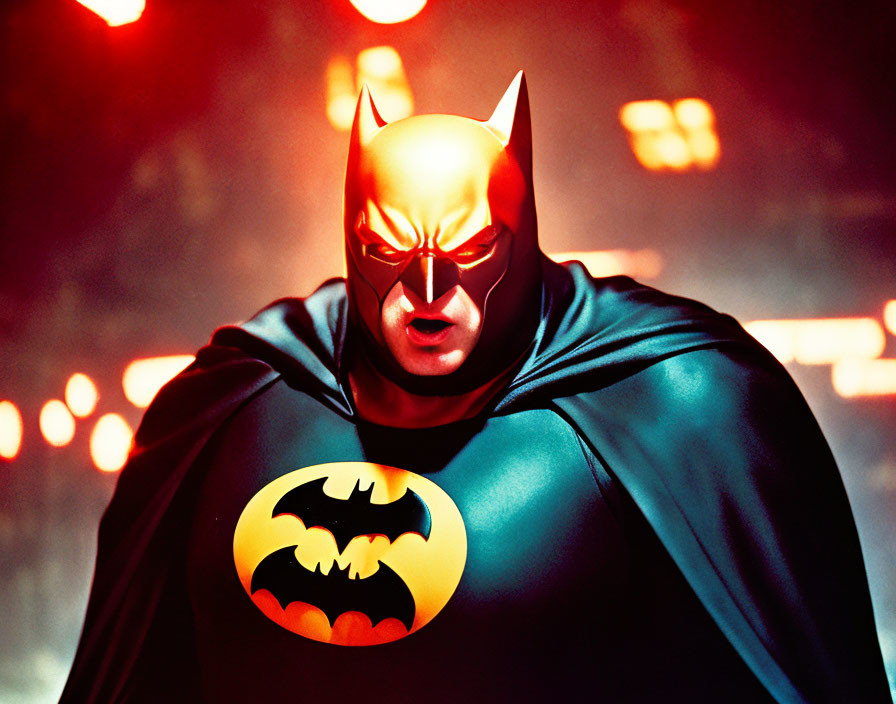 Cosplayer in Batman costume with bat emblem, cape, and fiery background