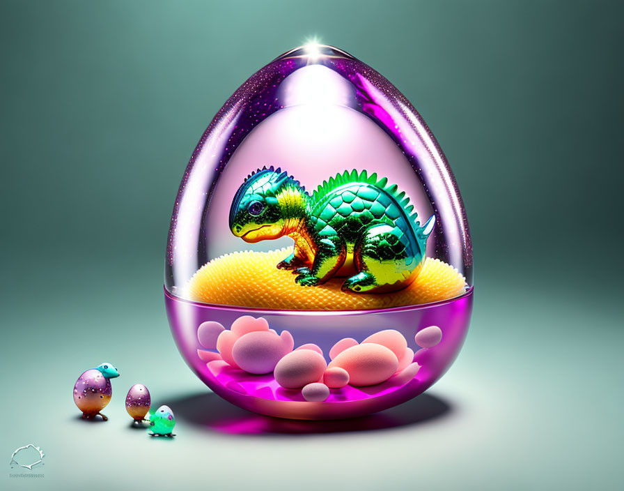 Colorful Dinosaur Hatchling in Glowing Egg Scene