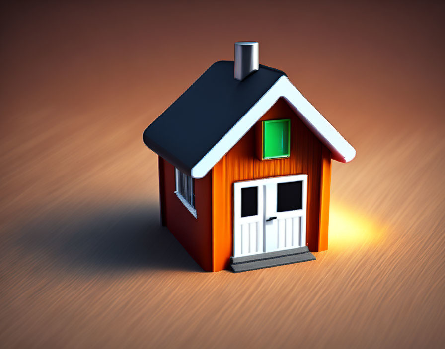 Miniature house model with orange walls and blue roof under soft lighting