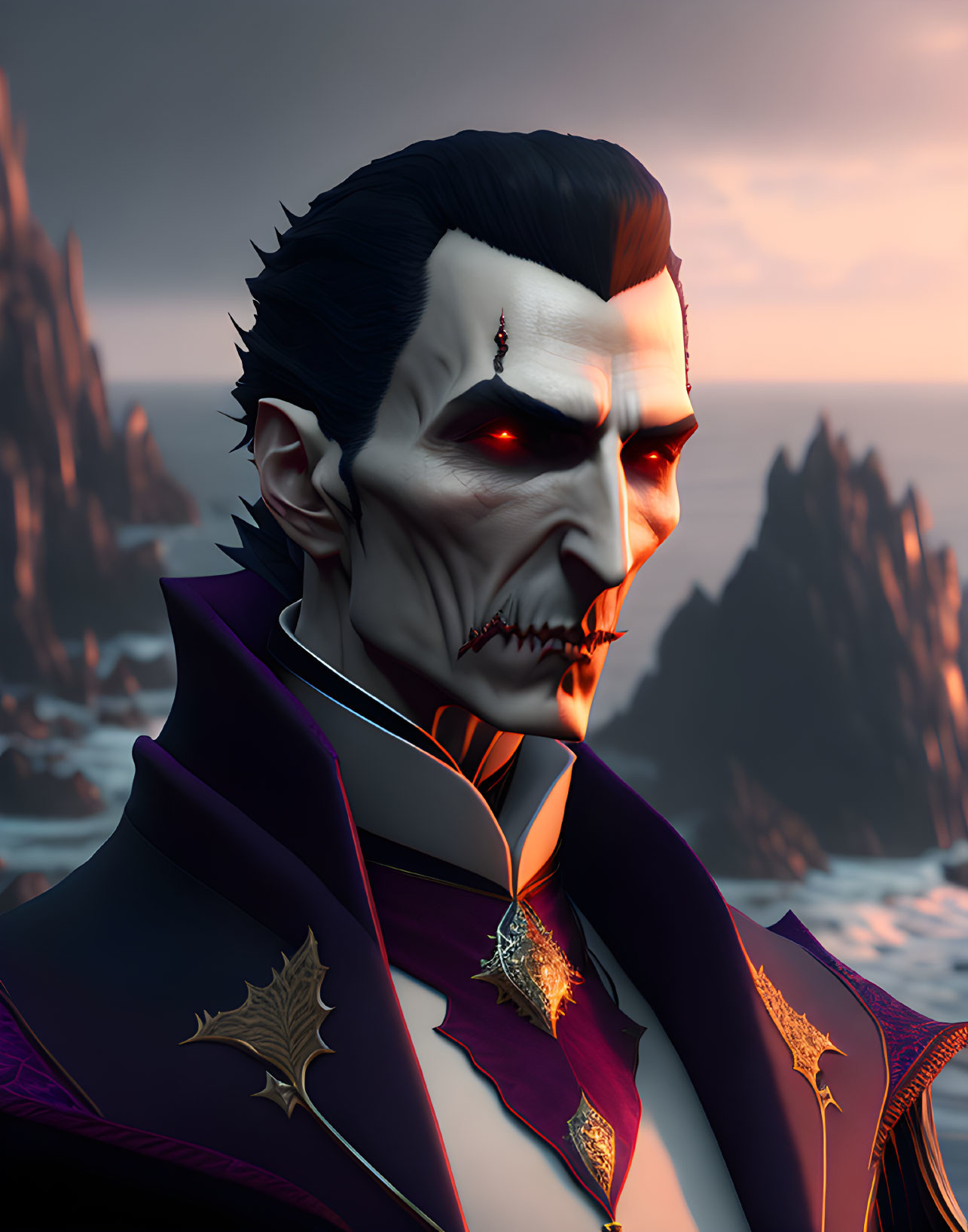 Animated vampire with sharp fangs and red eyes on rocky coastline at sunset