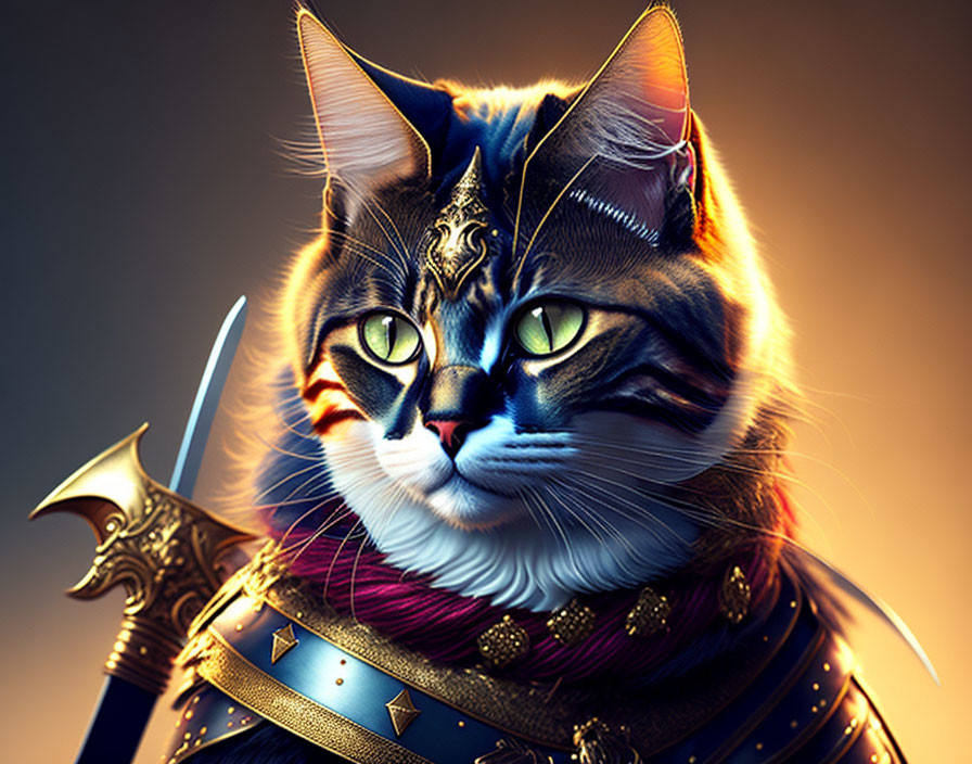 Digital Artwork: Cat in Medieval Warrior Armor with Green Eyes