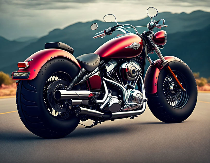 Red Motorcycle with Chrome Accents on Asphalt Road with Mountain Backdrop