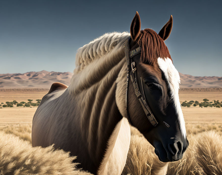 Brown and White Horse with Braided Mane in Golden Grass and Sand Dunes