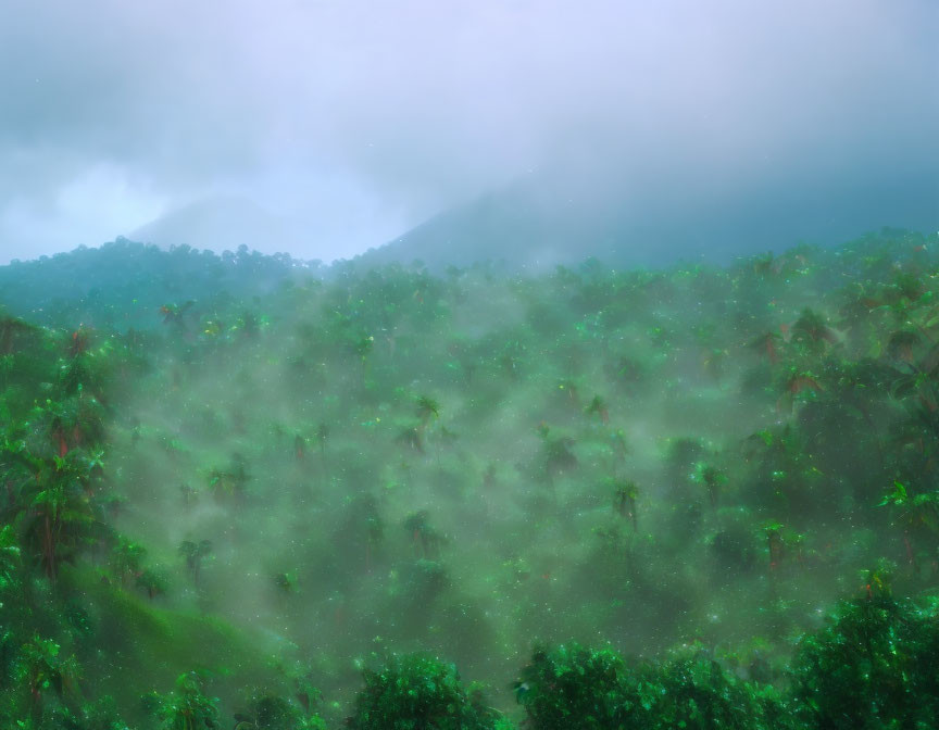 Lush Greenery and Mountain Silhouettes in Misty Tropical Forest