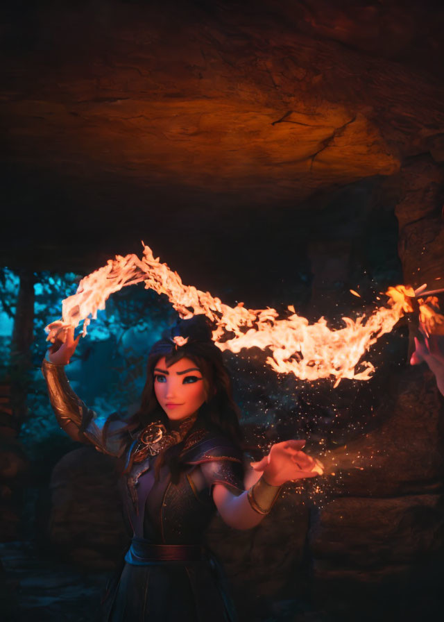 Fantasy armor-clad woman controls fire in dim cave with glowing plants