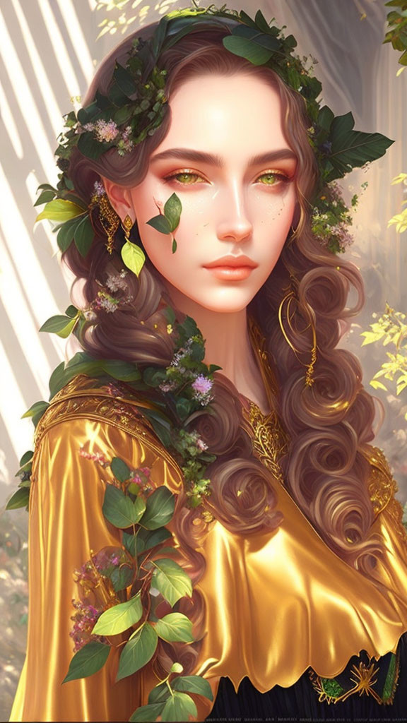 Illustrated woman with golden hair and floral crown in serene forest setting