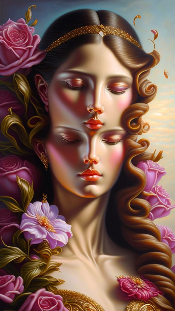 Surreal painting of woman with multiple faces and golden jewelry among vibrant flowers