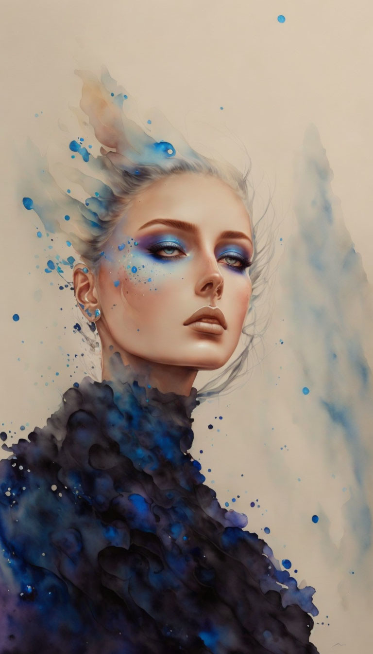 Stylized portrait of woman with blue eyes in dark clothing and ink splashes