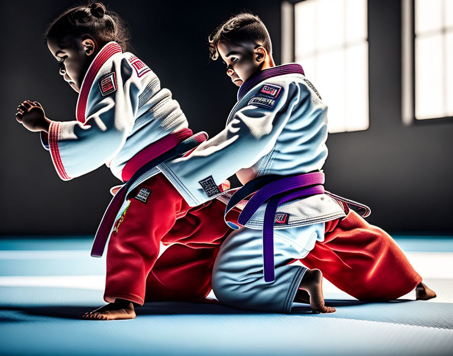 Children in Judo Gis Practicing Martial Arts on Mat