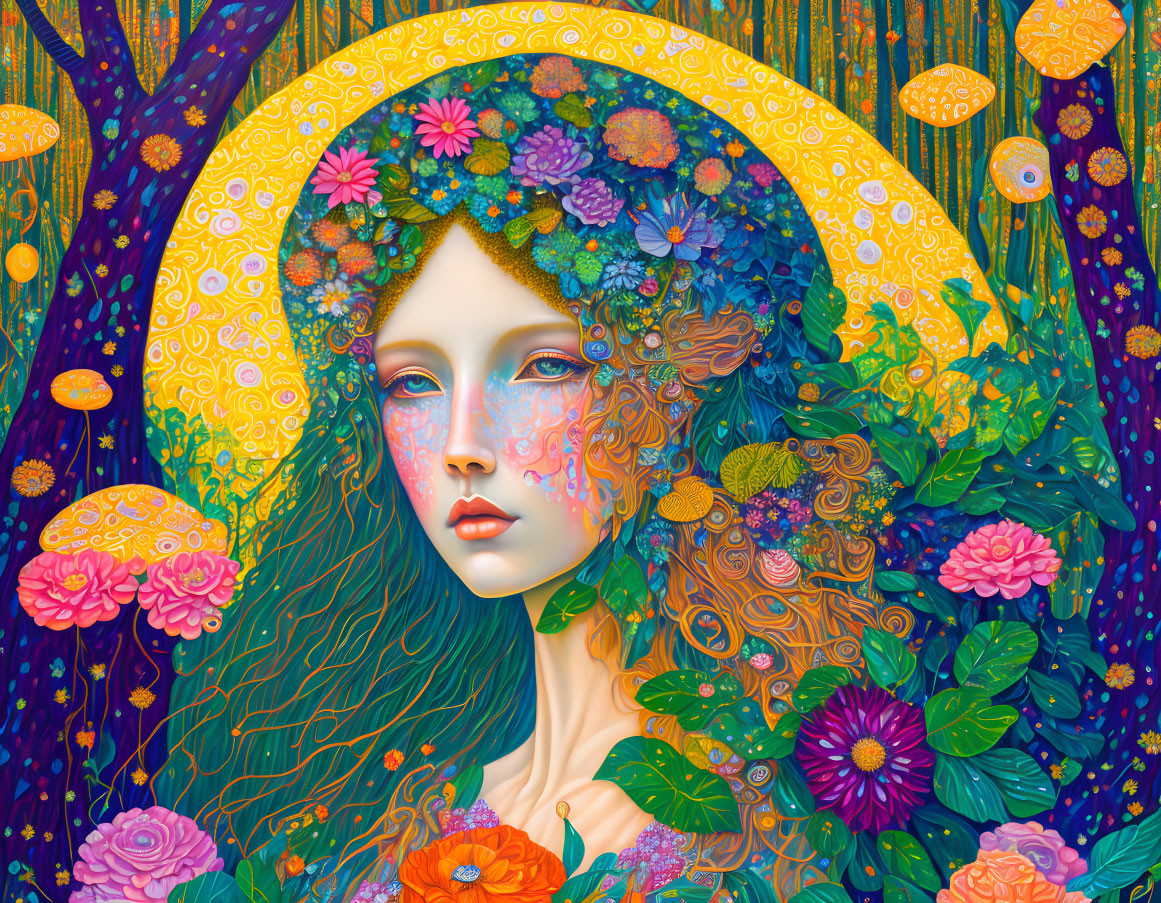 Colorful illustration of woman with floral hair and mystical elements