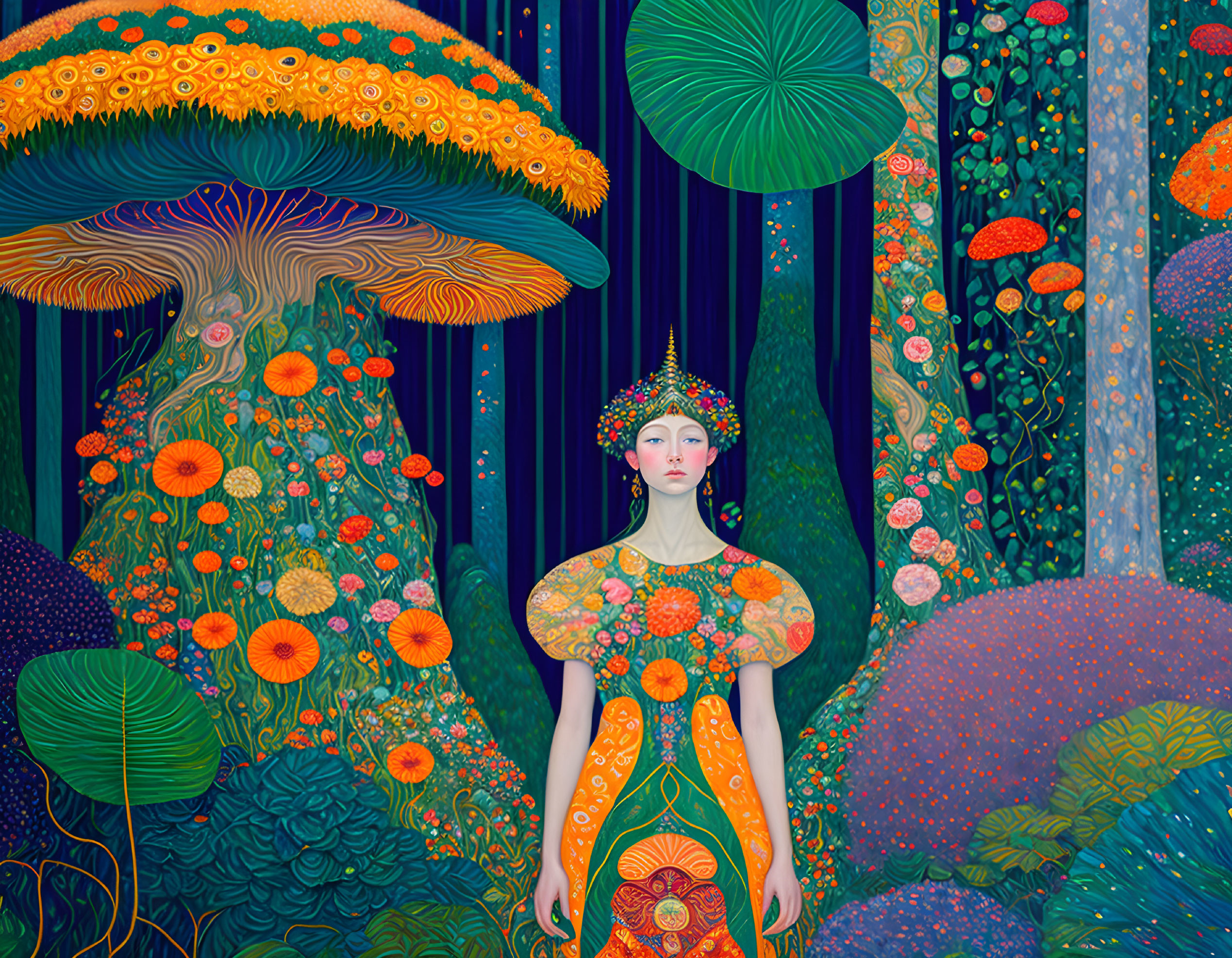 Woman surrounded by floral patterns in mystical forest with glowing mushrooms