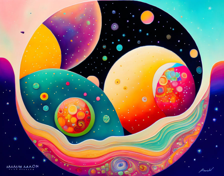 Colorful cosmic painting with celestial bodies in yin-yang symbol