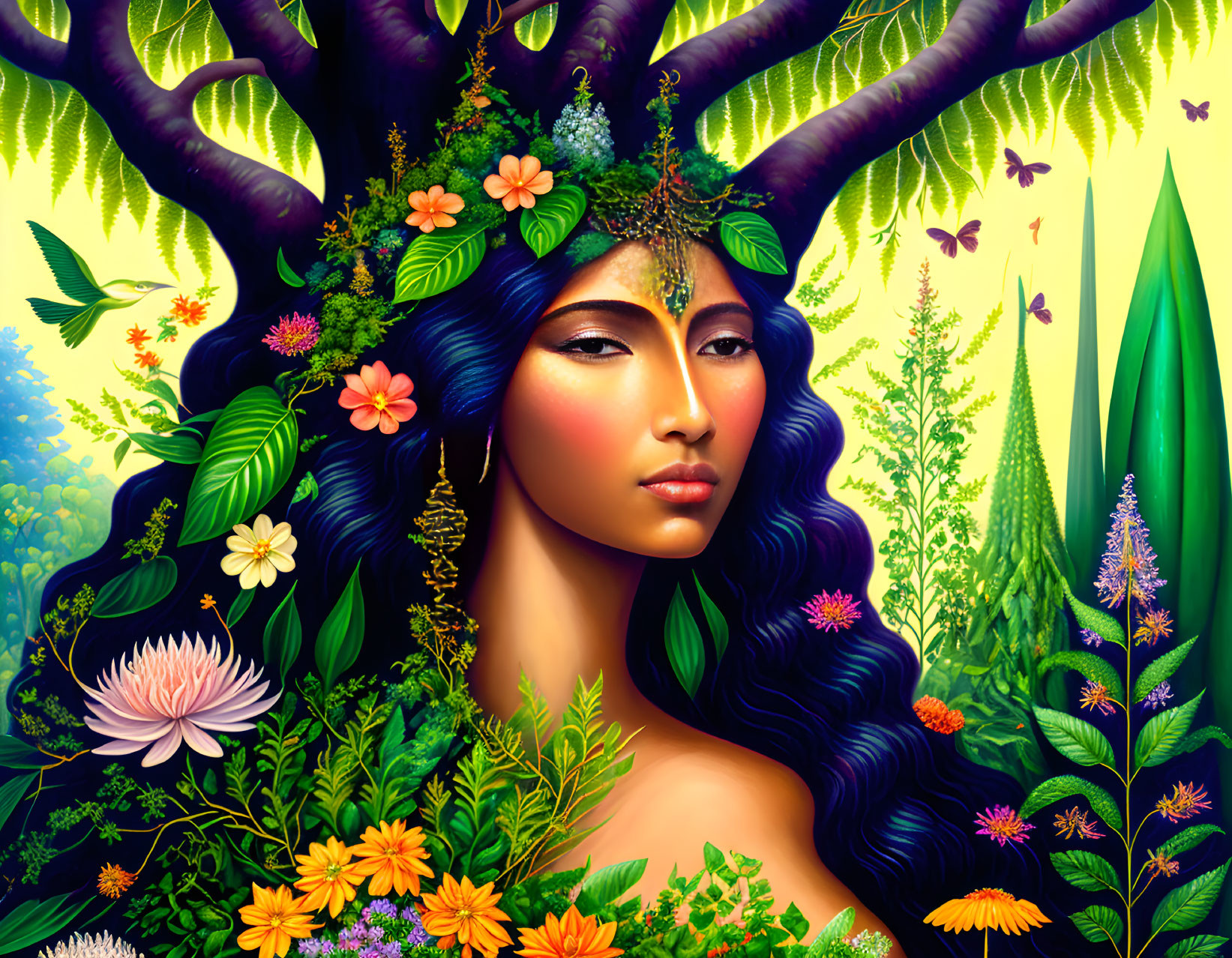 Portrait of Woman with Flowers and Leaves in Hair Against Green Background