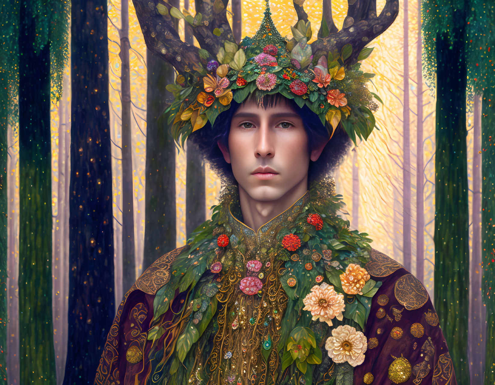 Digital art portrait of man with antlers and nature-themed outfit in mystical forest