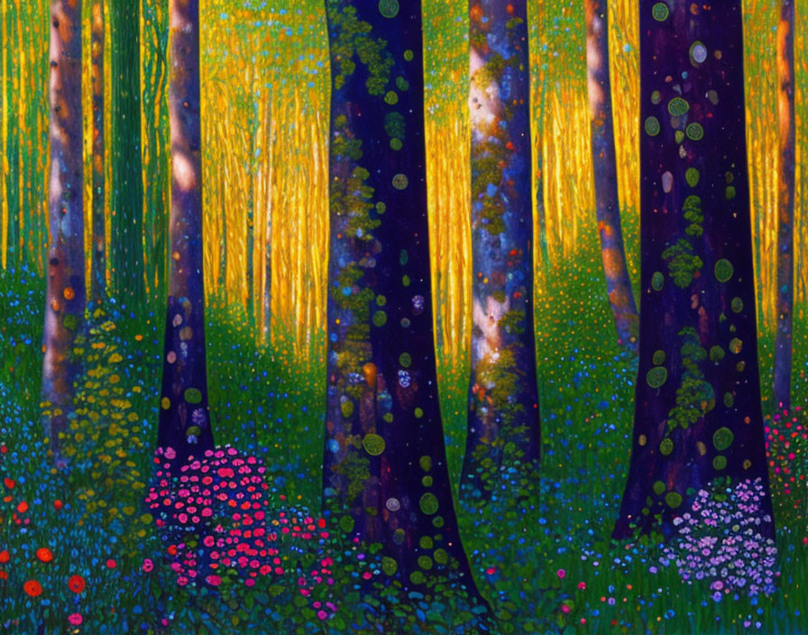 Sunlit Trees in Blue and Gold Forest Scene with Colorful Flowers